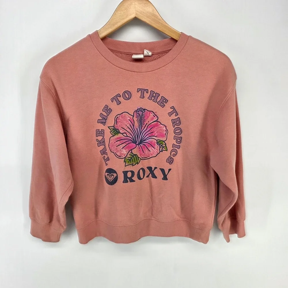 Roxy Sweatshirt Girls Medium 8/10 Pink Take Me To The Tropics Hibiscus RSFIB11S